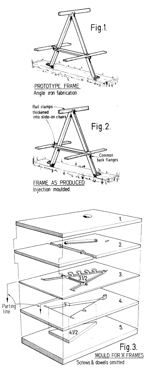fig 1, prototype `A` frame. fig 2, moulded `A` frame. fig 3, `A` frame mould