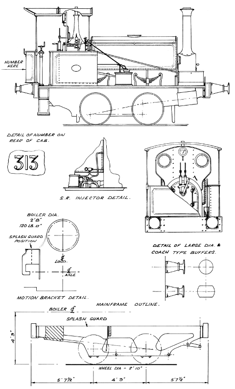 Drawing. Details of Southern Railway locomotive 225s (South Eastern and Chatham no 313) by Colin Binnie